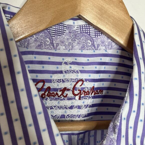 Robert Graham Classic Fit Striped Flip Cuff Button Up Shirt Mens XL Purple - Picture 5 of 9